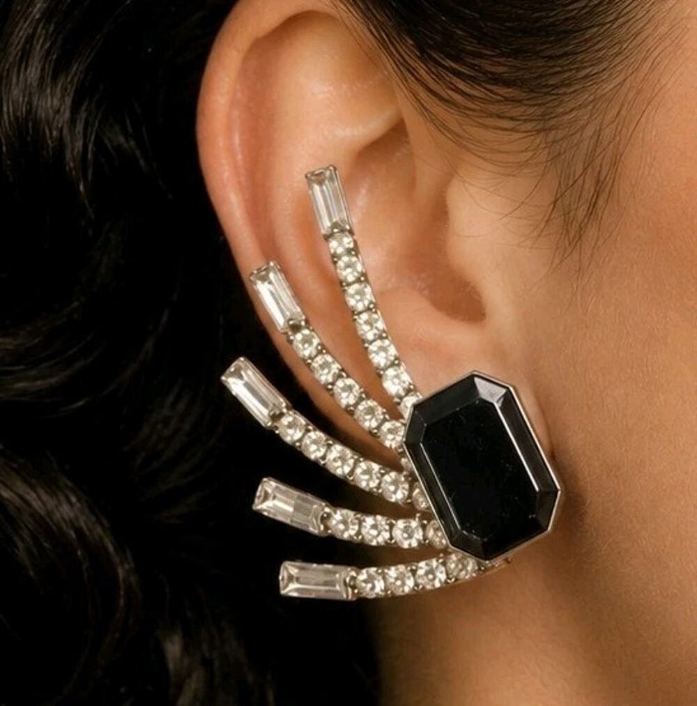 Vtg 50s Rhinestone Huge Climber Clip On Earrings Black Glass Baguette Statement